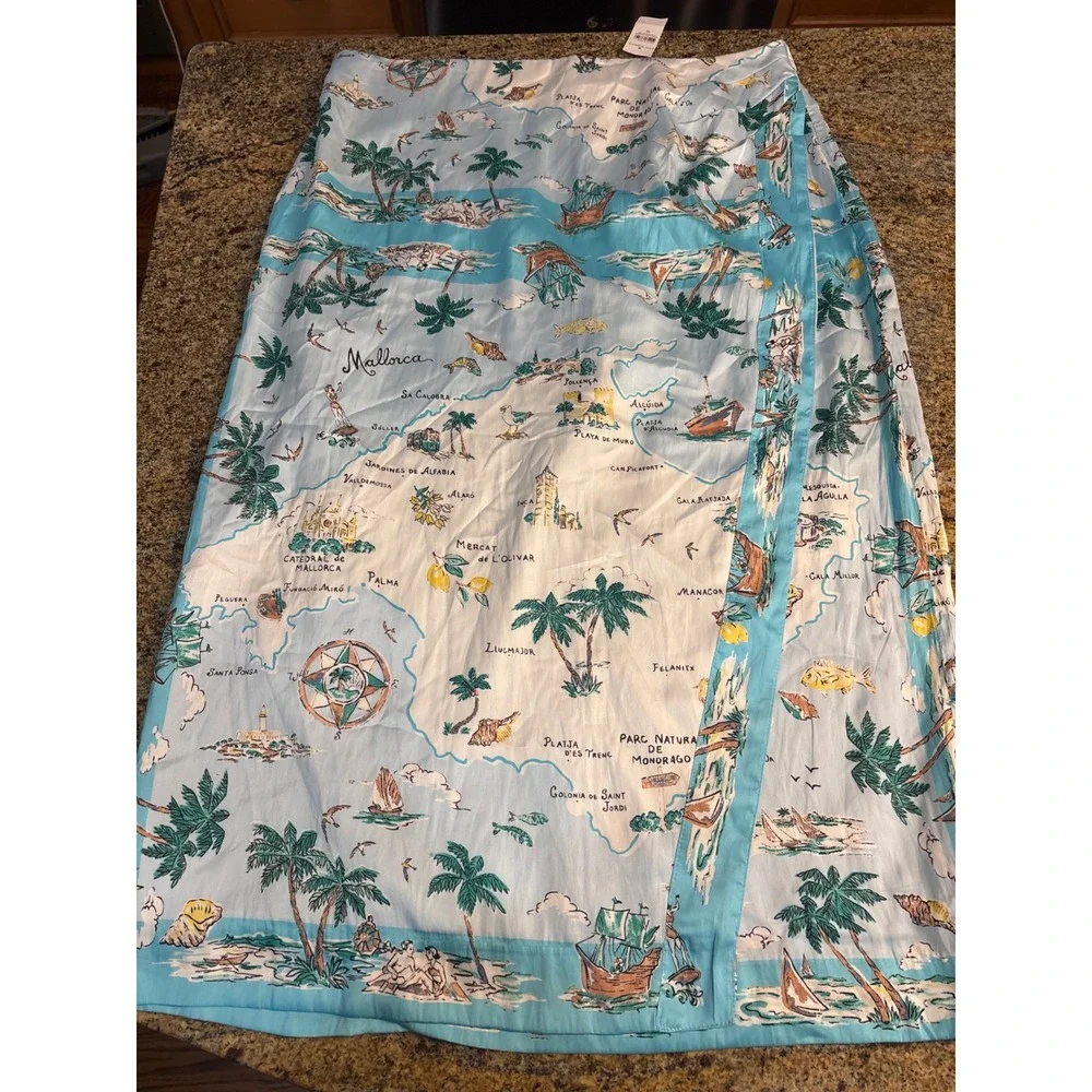 NWT Ann Taylor Mallorca Map Print Midi Skirt Blue Novelty Wrap Style Size 16